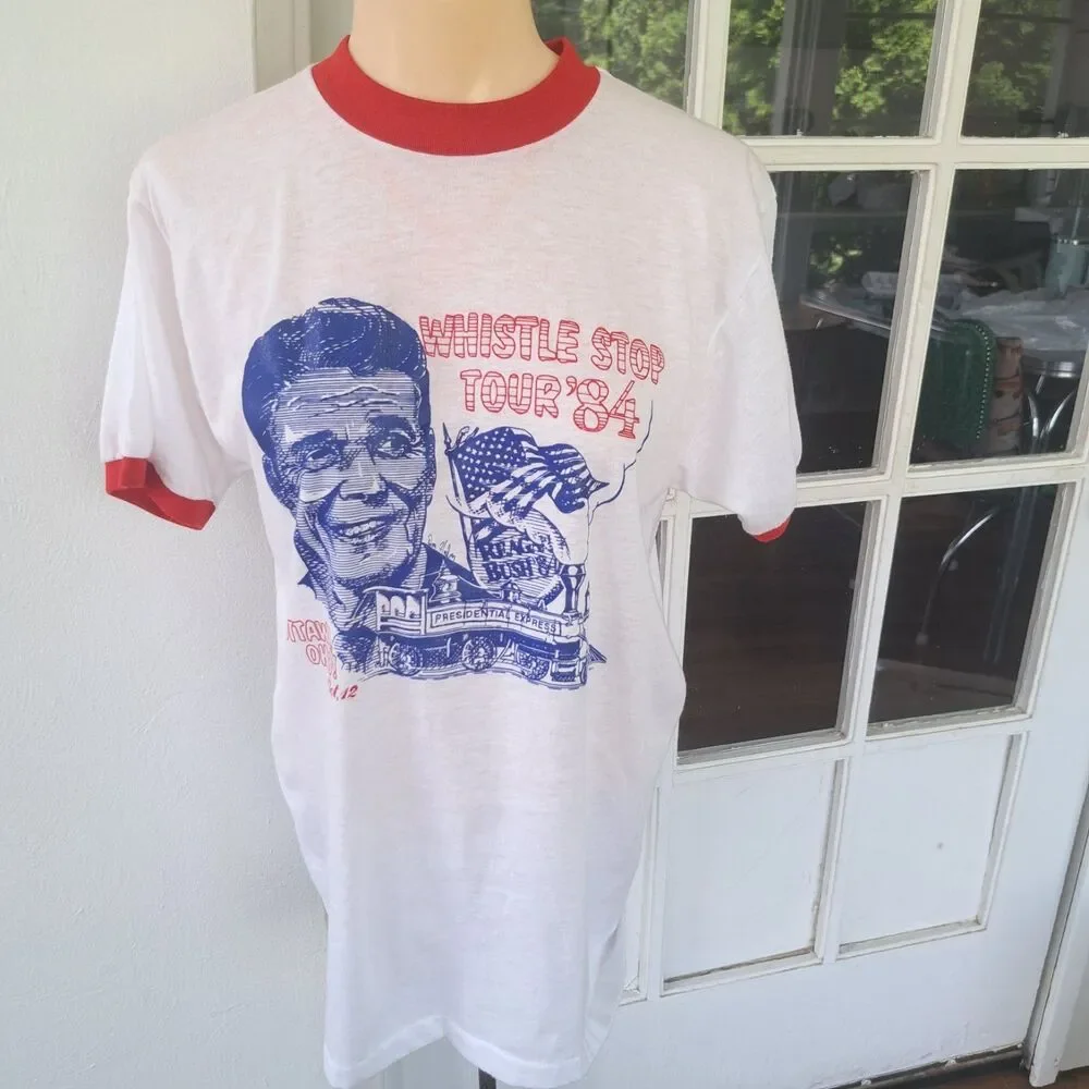 Vintage Political Campaign Ringer TShirt 1984 Reagan Bush Whistle Tour FLAW READ